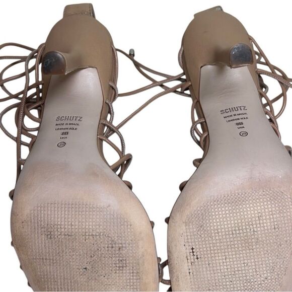 Schutz, “Heyde” Leather Sandal, Lace-Up, Stilleto Heel, Square Toe - Size 8, Tan - Picture 14 of 16